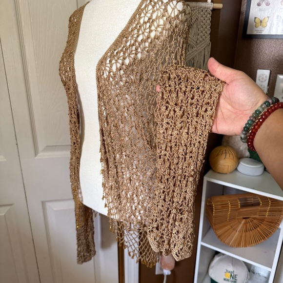 NY Collection Gold Crochet Fringe Beaded Open Cardigan / Size 2x - Picture 8 of 12